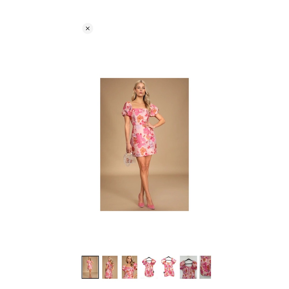 Lulus Pink Multi Floral Jacquard Puff Sleeve Mini Dress Square Neck XS NWT